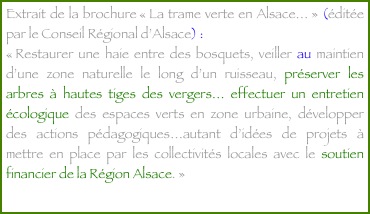 Extrait de la brochure « La trame verte en Alsace… » (éditée par le Conseil Régional d’Alsace) : 
« Restaurer une haie entre des bosquets, veiller au maintien d’une zone naturelle le long d’un ruisseau, préserver les arbres à hautes tiges des vergers… effectuer un entretien écologique des espaces verts en zone urbaine, développer des actions pédagogiques…autant d’idées de projets à mettre en place par les collectivités locales avec le soutien financier de la Région Alsace. »
