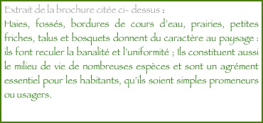 Extrait de la brochure citée ci- dessus : 
Haies, fossés, bordures de cours d’eau, prairies, petites friches, talus et bosquets donnent du caractère au paysage : ils font reculer la banalité et l’uniformité ; Ils constituent aussi le milieu de vie de nombreuses espèces et sont un agrément essentiel pour les habitants, qu’ils soient simples promeneurs ou usagers.
